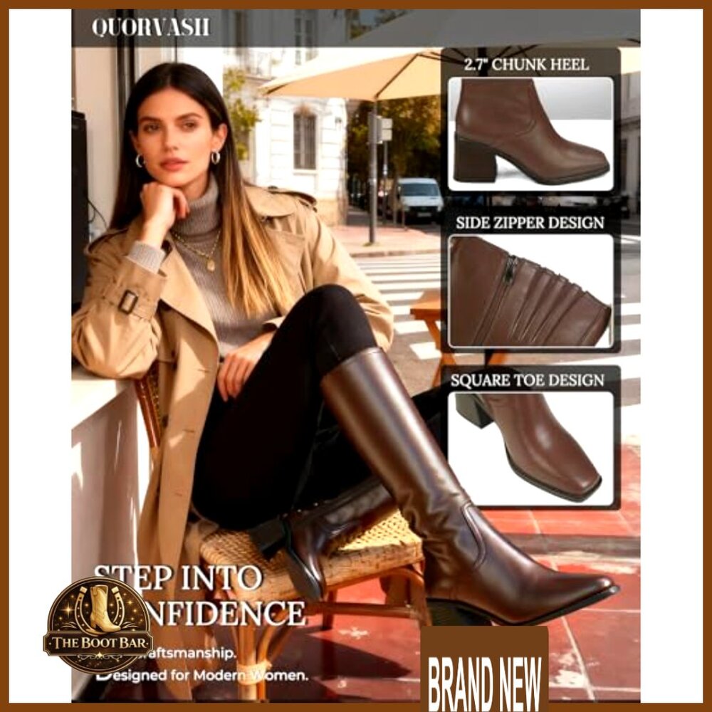 Knee High Boots Faux Leather Square Toe Chunky Heel Elastic Shaft Side Zipper - Picture 5 of 7